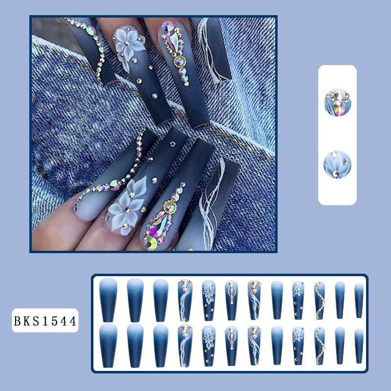 5D long fake nails set Gradual Camellia with glitter diamond designs french coffin ballet tips faux ongles press on false nail Default Title