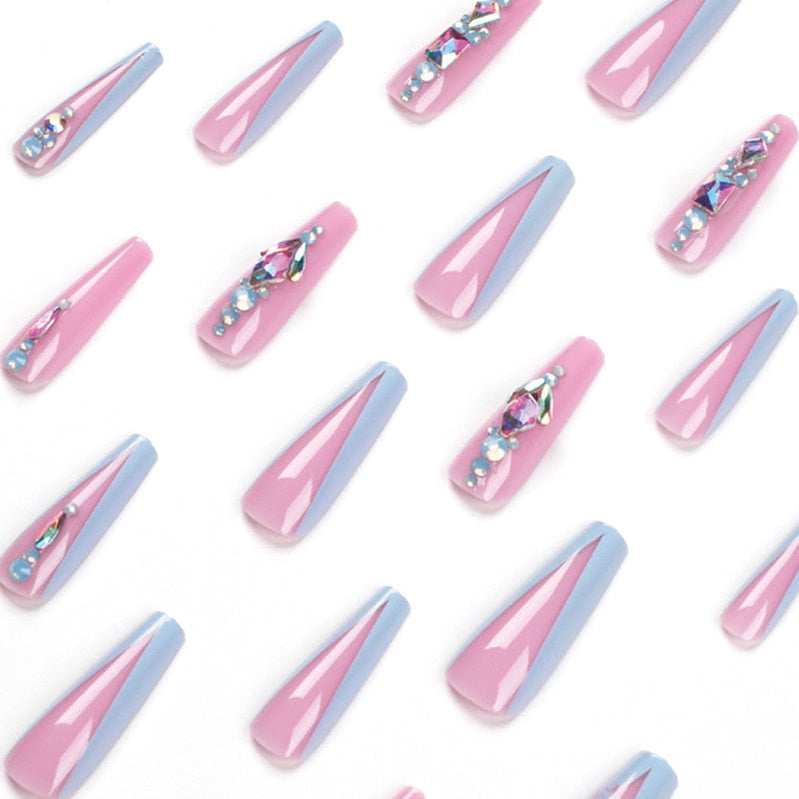 Glossy Pink Wearable Nail Art Blue Rhinestone Extra Long Ballet Detachable Finished False Nails Press on Nails with Glue