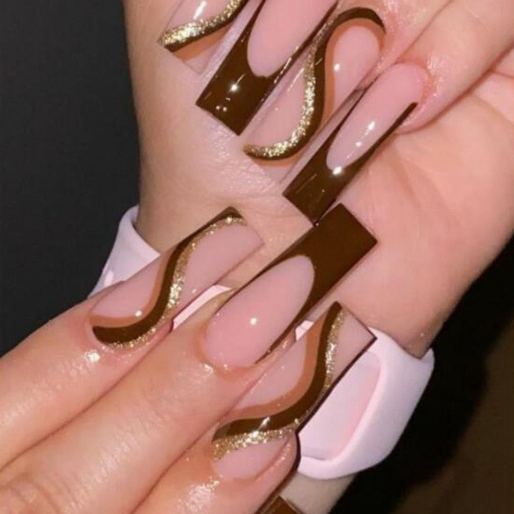 French Ballet False Nails With Gold Foil Glitter Designs Wearable Long Coffin Ballerina Press On Fake Nails Full Cover Nail Tips