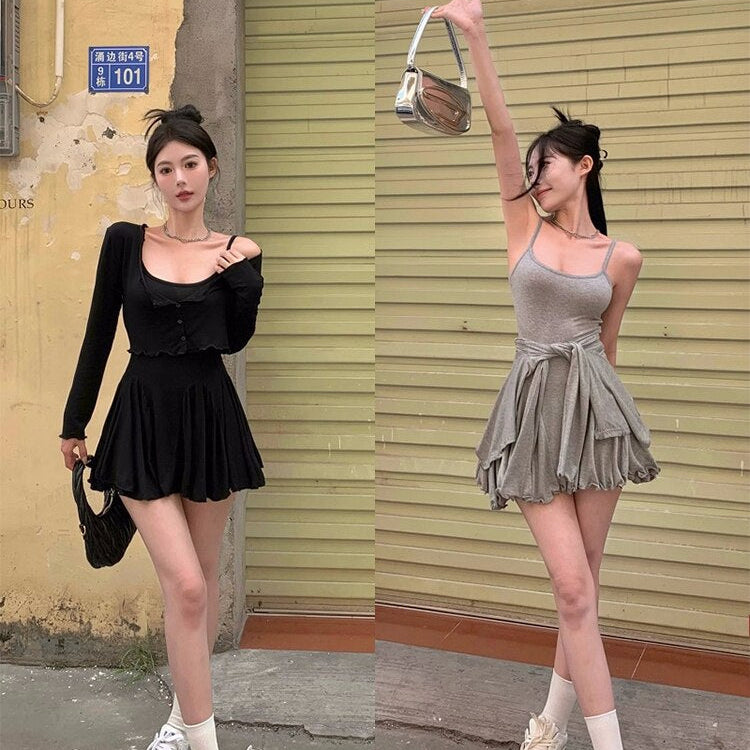 Fall Women Vacation Outfits 2 Piece Dress Set Solid Color Long Sleeve Cardigan Top + 2000s Aesthetic Mini Gyaru Pleated Dresses