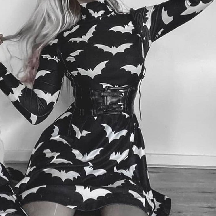 Gothic Black Bat Printed Dress Tutleneck for Women Long Sleeve Spring Fall Punk Vestidos Party Outfits Soft Clothes