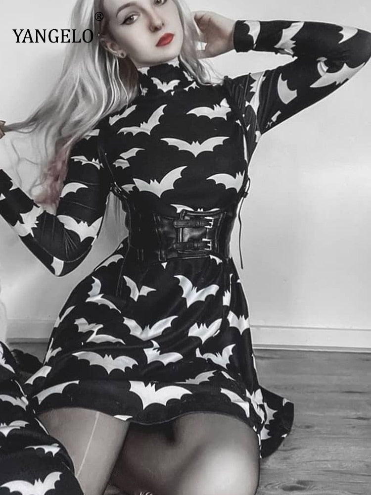 Gothic Black Bat Printed Dress Tutleneck for Women Long Sleeve Spring Fall Punk Vestidos Party Outfits Soft Clothes