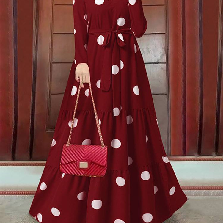 ZANZEA Women Spring Muslim Dress Elegant Casual Loose Abaya Kaftan Sundress Long Sleeved Polka Dots Printed O-Neck Maxi Robe Wine Red