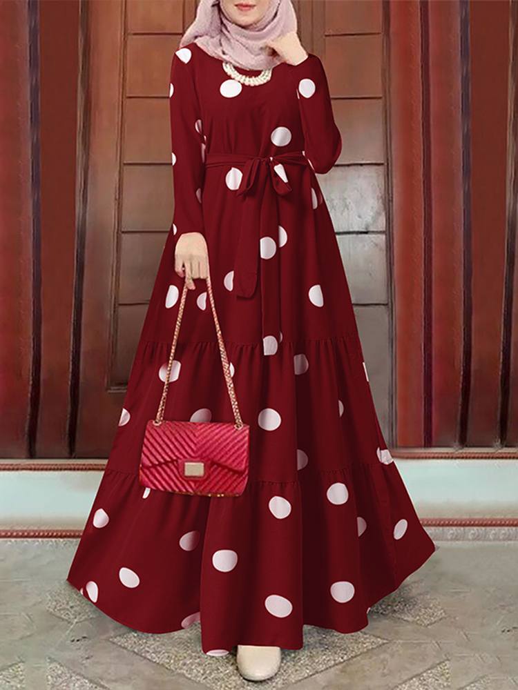 ZANZEA Women Spring Muslim Dress Elegant Casual Loose Abaya Kaftan Sundress Long Sleeved Polka Dots Printed O-Neck Maxi Robe Wine Red
