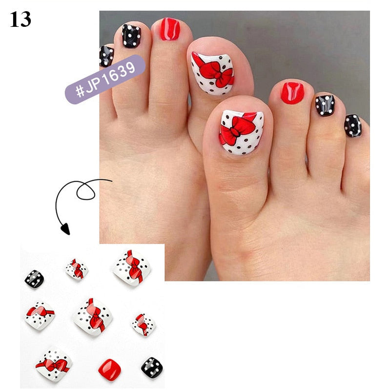 False Toenail 24Pcs/Box Toe Nail 3D Glitter Decor Press On Fake Nails With Glue Detachable Square Short Full Cover DIY Nail Tips 13