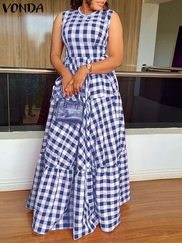 Summer Long Maxi Dress Women Casual Short Sleeve Square Collar Vintage Plaid Party Bohemian Vestidos Loose Sundress C-Blue Spain