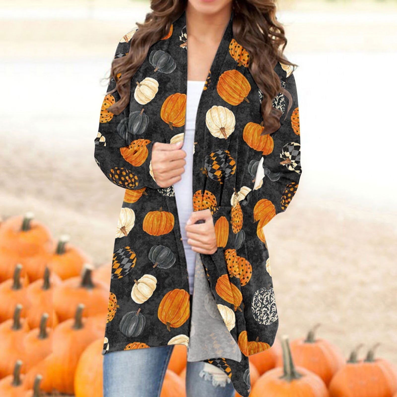 Halloween Skull Black Cat Print Long Sleeve Cardigan Autumn Winter Casual Open Stitch Long Top Ladies Elegant Cardigan Outerwear Black