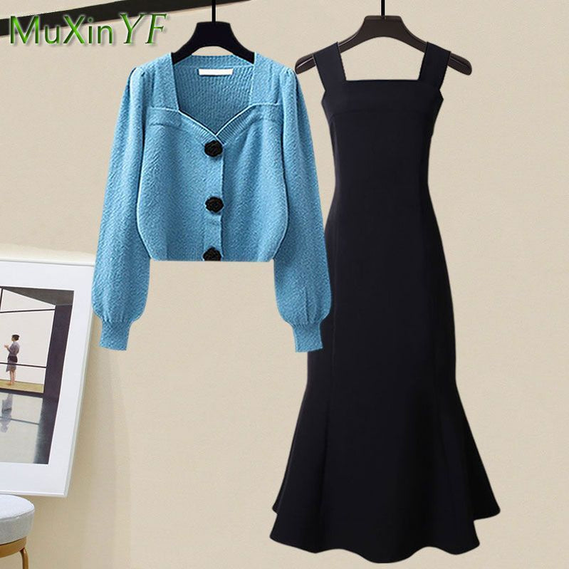 Women's Spring Autumn Fashion Knitted Sweater+Strap Dress Two-piece Korean Elegant New in Matching Sets Female Skirt Suit