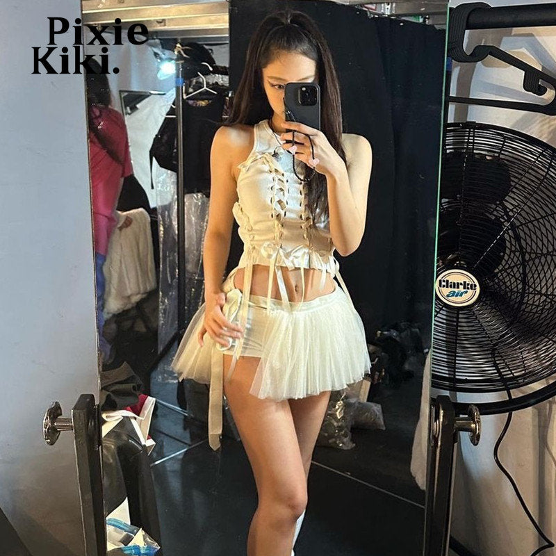 PixieKiki Y2k Fairy Aesthetic Bow Lace Up Hollow Out Ribbed Crop Tops White Summer Sexy Tank Top for Women Summer 2023 P33-BC10