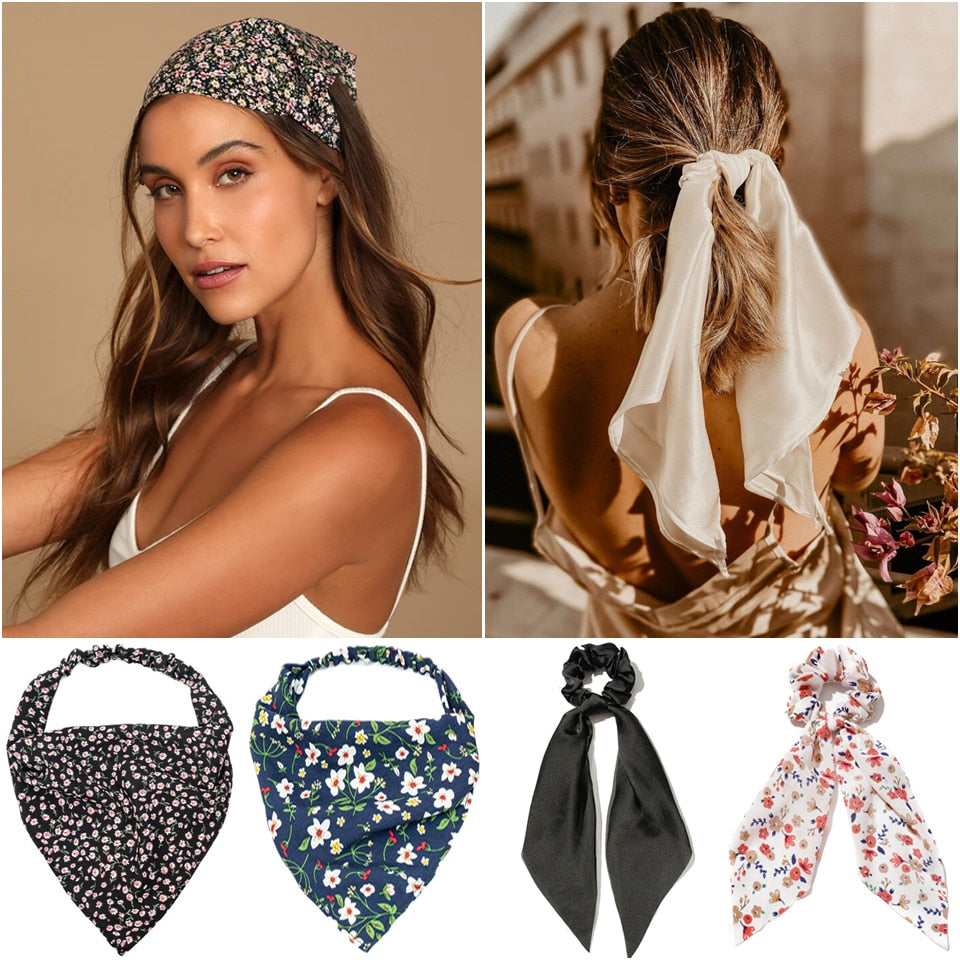 Chiffon Printing Flower Bandana Hair Scarf Headband for Women Vintage Long Ribbon Scrunchie Beach Bandanas Hair Accessories