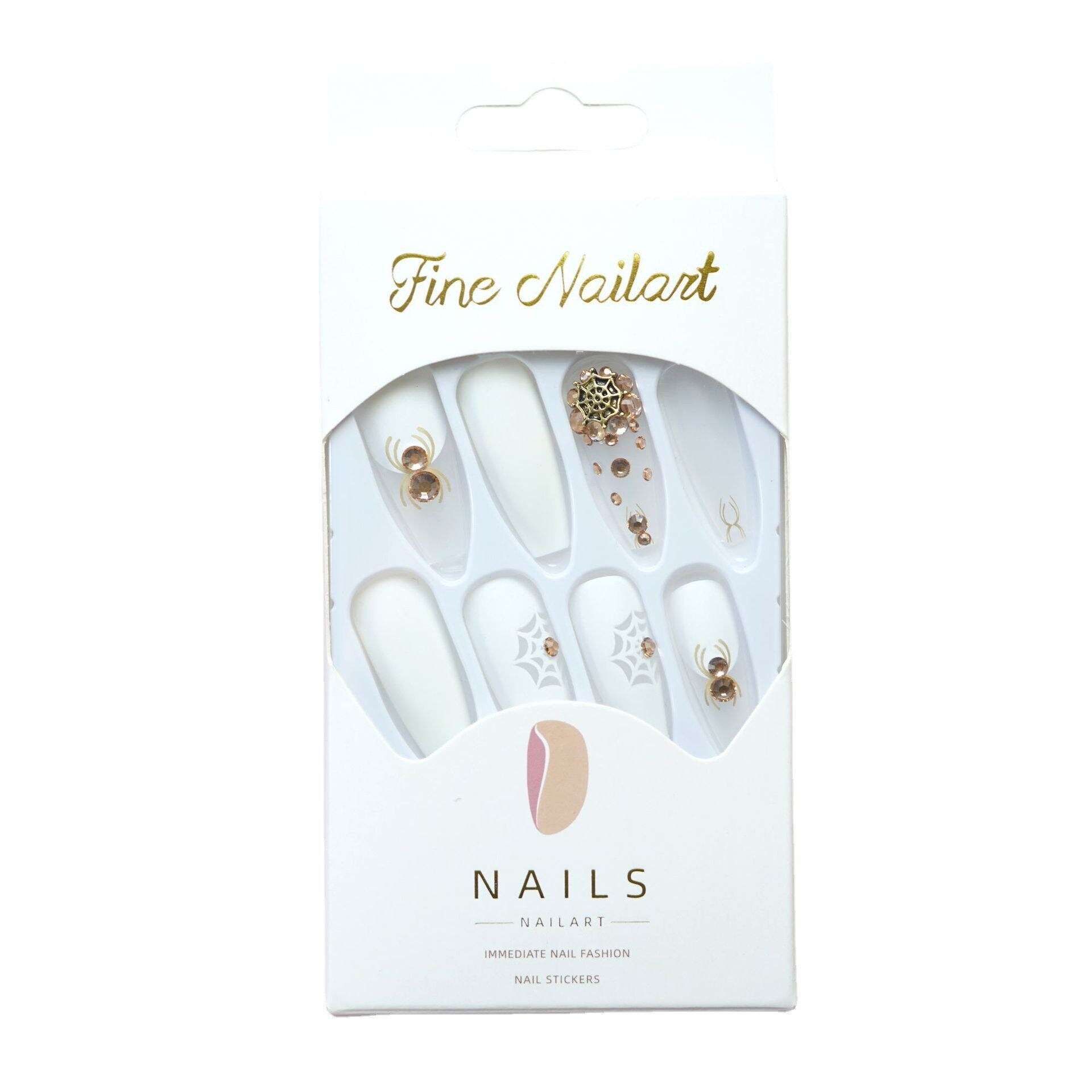 3D Halloween fake nails gold spider with glitter diamond designs long french coffin tips faux ongles press on false nail supplie