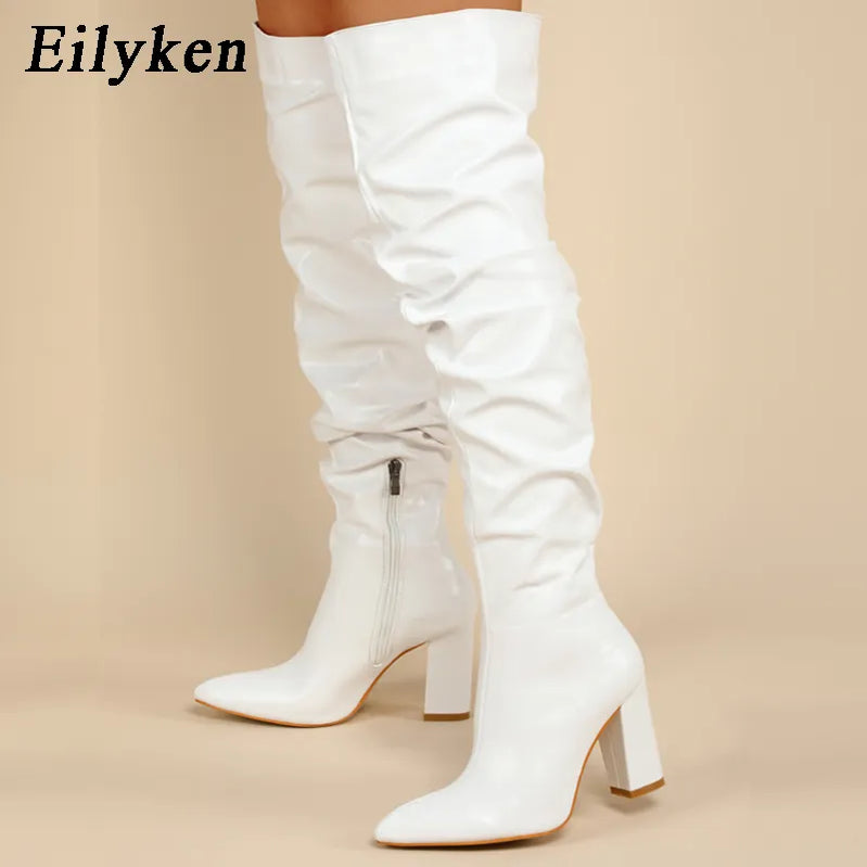 Eilyken Winter Women Over-the-Knee Boots Punk Style Square High Heel Zipper Shoes Pleated Pointed Toe Ladies Long Booties White