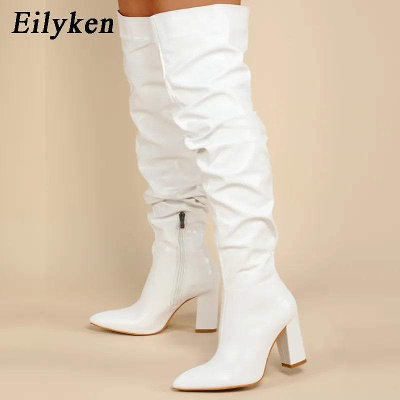 Eilyken Winter Women Over-the-Knee Boots Punk Style Square High Heel Zipper Shoes Pleated Pointed Toe Ladies Long Booties White
