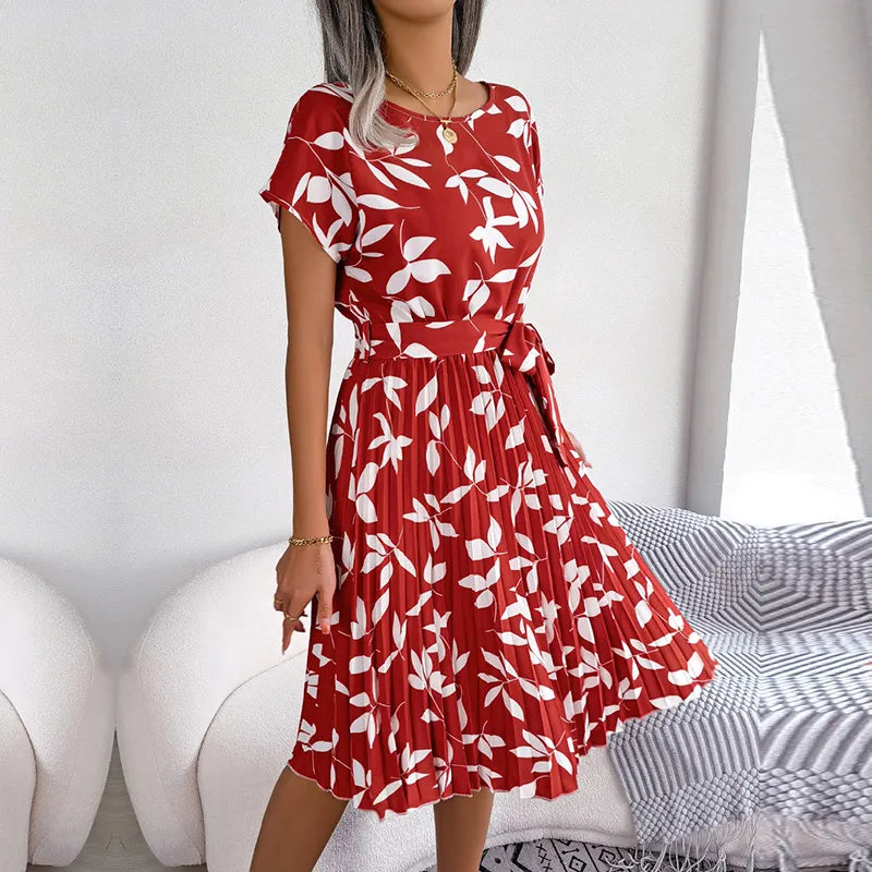 Fashion Floral Pleated A Line Long Dress Women Spring Summer Short Sleeve High Waist Chic Dress Claret Leaf