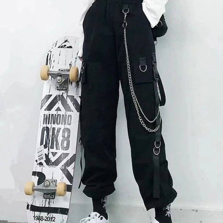 Women Cargo Pants Harem Pants Fashion Punk Pockets Jogger Trousers With Chain Harajuku Elastics High Waist Streetwear