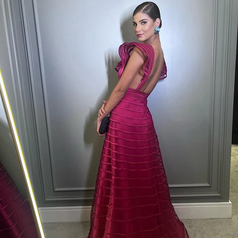 Emerald A Line Evening Dresses Cap Sleeves Deep V Neck Prom Gowns Floor Length Women Party Special Occasion Dress