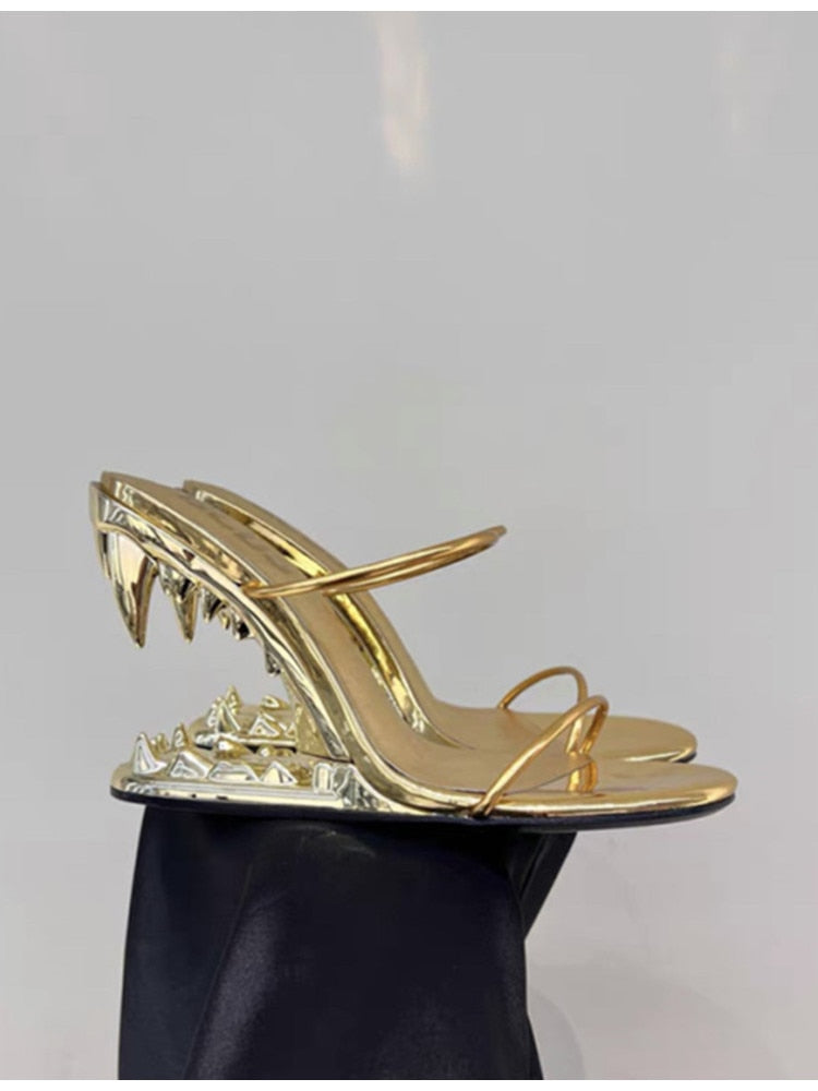 Fashion Metal Teeth Shaped Heel Sandals Round Toe Back Zipper Women's Dress Large Women's Sandals Summer golden 1
