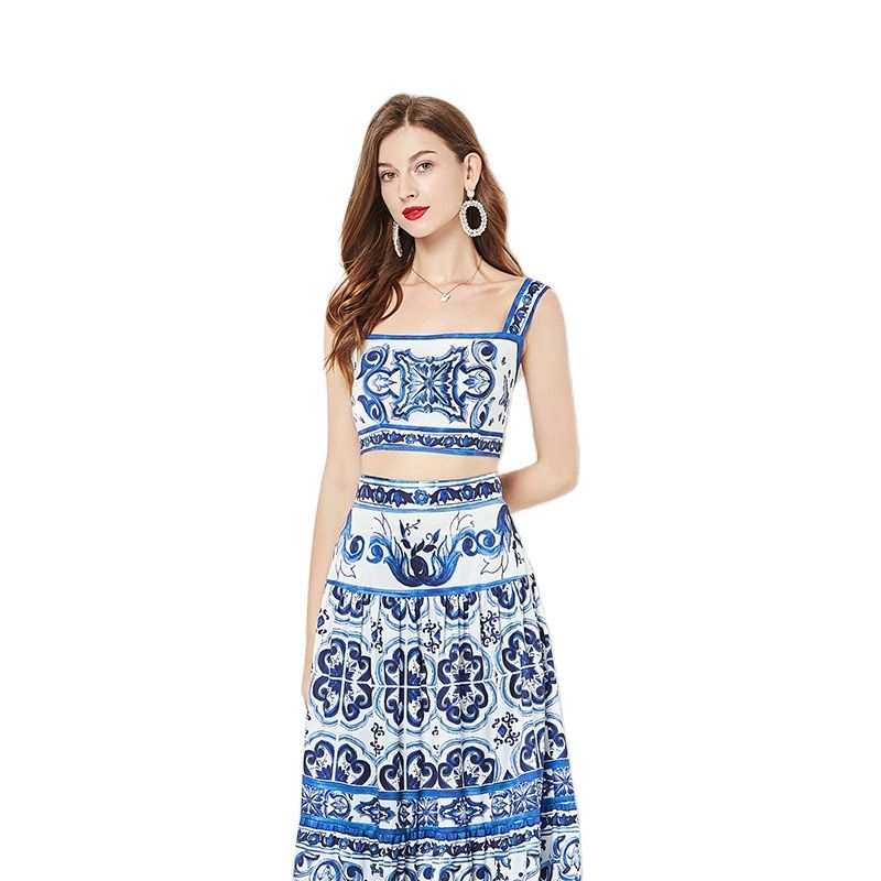 Summer Floral Dress Sets Women 2 Piece Outfit Sexy Slim Tops and Skirt Party Set Suspender Strap Suit Ballgown Frocks