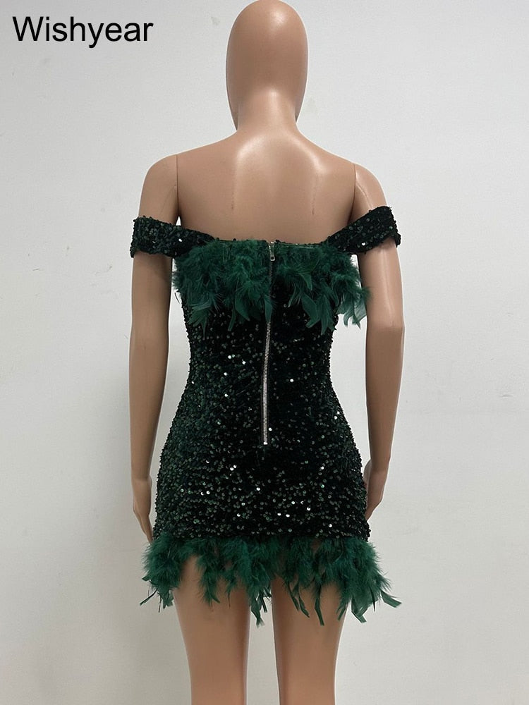 Luxury Feather Evening Mini Prom Sexy Off Shoulder Club Short Bodycon Dress Women Elegant Shiny Sequins Party Vestidos
