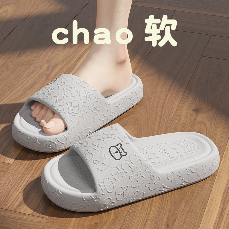 Outdoors Summer Women Men Flat Thick Platform Slippers Non-Slip Cartoon Home Bath Sandals Beach Slides Couples Ladies Shoes