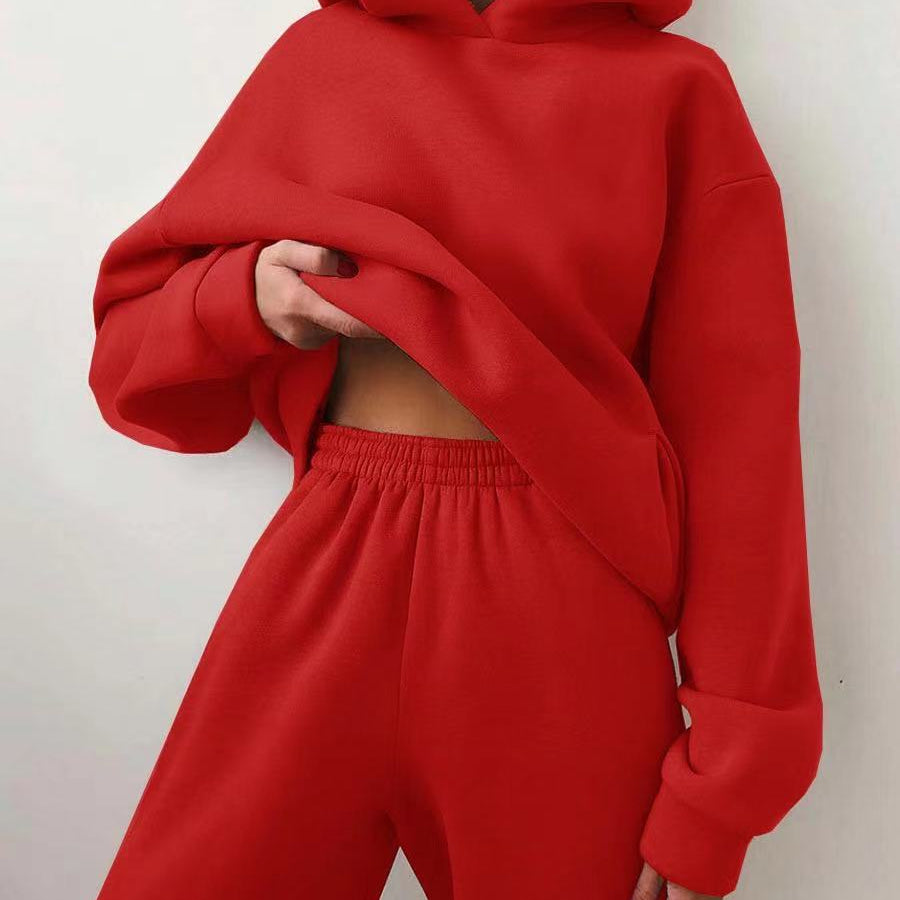 Winter Women Two Piece Sets Tracksuit Autumn Casual Solid Long Sleeve Hoodie Sweatshirts Female Oversized Trouser Pant Suit Red