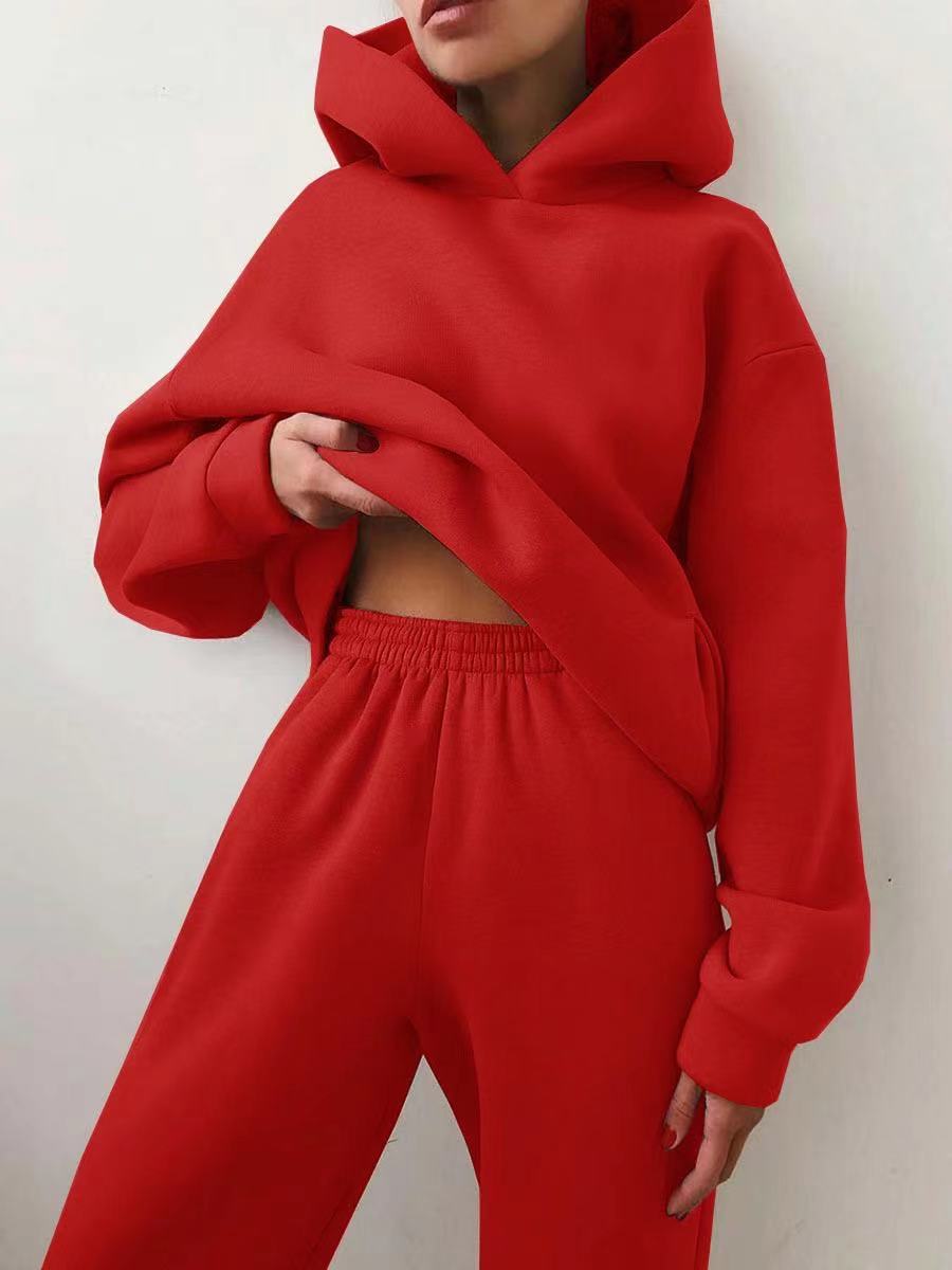 Winter Women Two Piece Sets Tracksuit Autumn Casual Solid Long Sleeve Hoodie Sweatshirts Female Oversized Trouser Pant Suit Red
