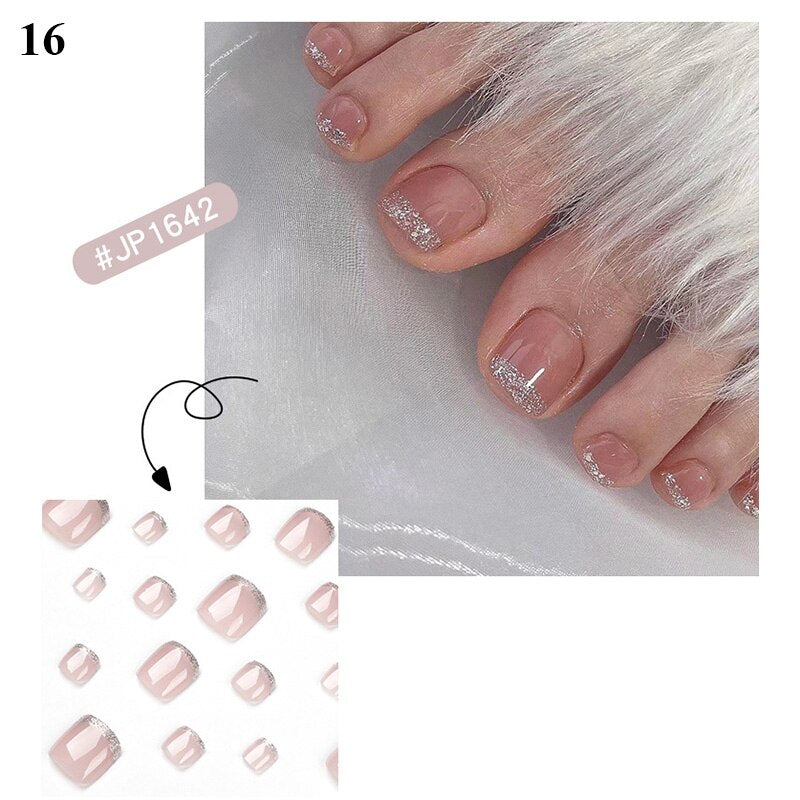 False Toenail 24Pcs/Box Toe Nail 3D Glitter Decor Press On Fake Nails With Glue Detachable Square Short Full Cover DIY Nail Tips