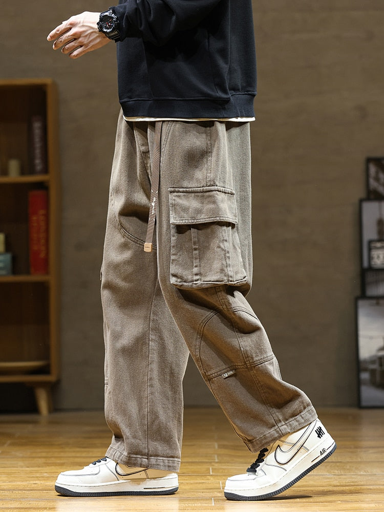 2023 Autumn New Cargo Pants Men Multi-Pockets Cotton Casual Wide Pants Male Workwear Loose Straight Trousers Big Size 7XL 8XL