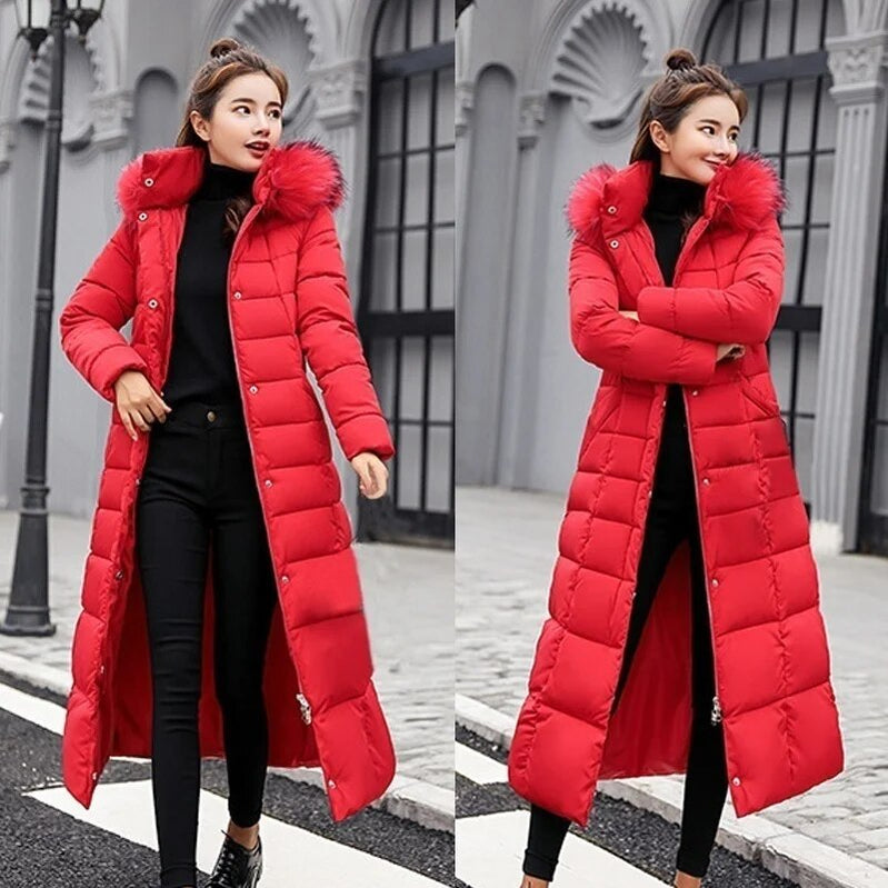 Winter jacket women's warm fashion bow belt fox fur collar coat long dress women's thick coat