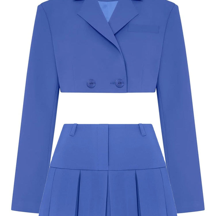 Casual Two Piece Sets Women's Fall Outfits New Black Matching Sets With Skirt And Blazer Cropped Top Suit For Women Blue Suit