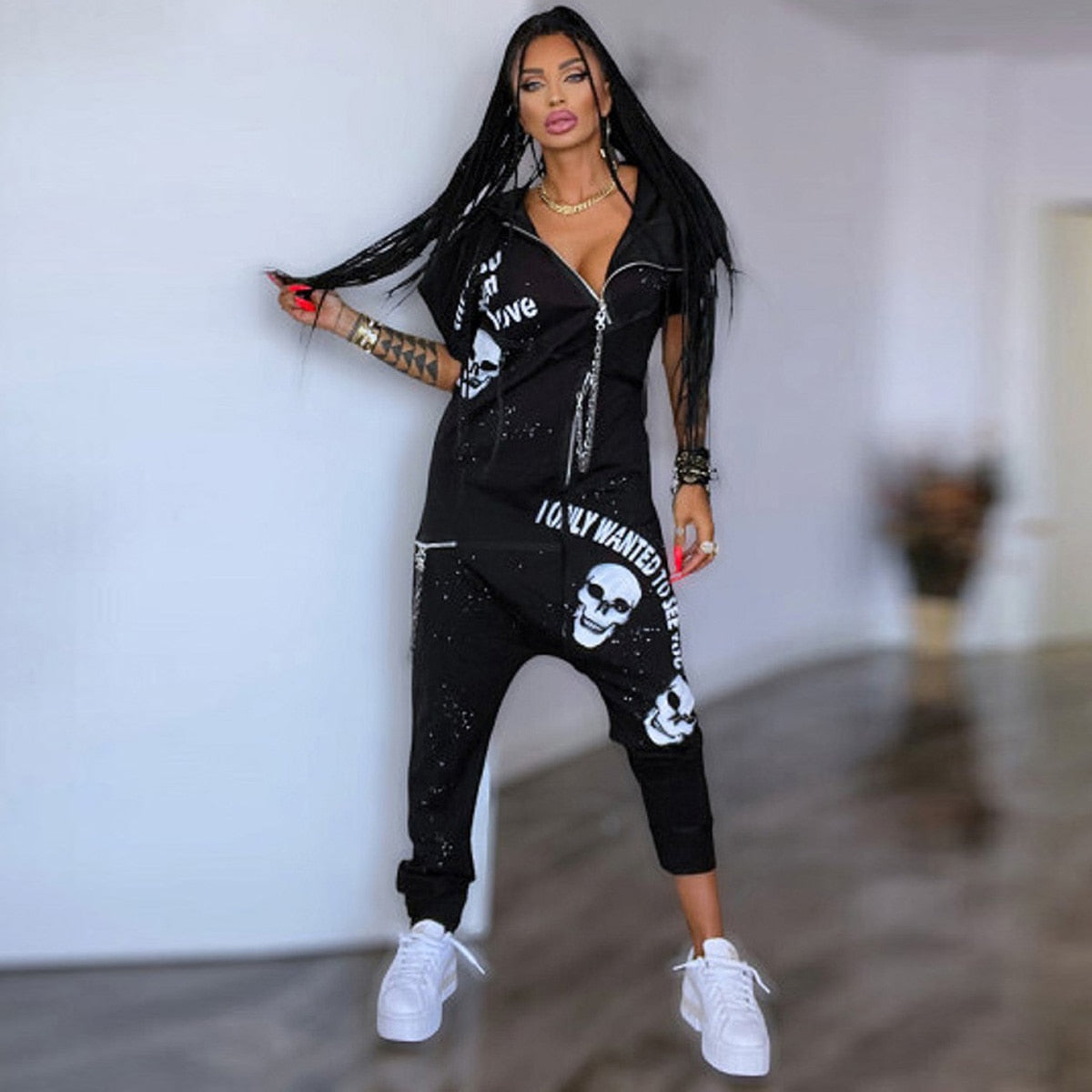 New Female Black Loose Outdoor Sportswear Casual Short Sleeves Lapel Collar Zippered Jumpsuits For Women