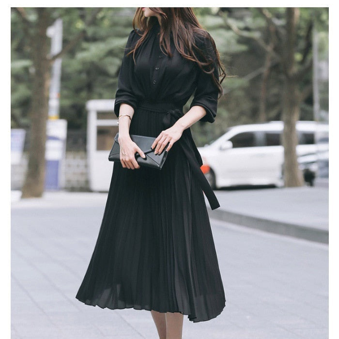 Elegant Chiffon Long Sleeve Shirt Dress Women Belt Lace Up A-line Pleated Maxi Dress Korean Fashion Fall Clothes Streetwear black