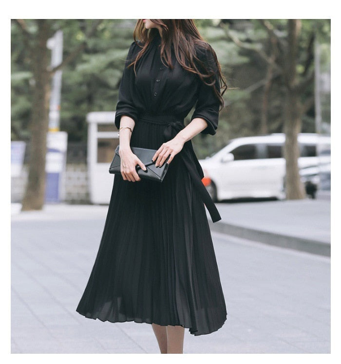 Elegant Chiffon Long Sleeve Shirt Dress Women Belt Lace Up A-line Pleated Maxi Dress Korean Fashion Fall Clothes Streetwear