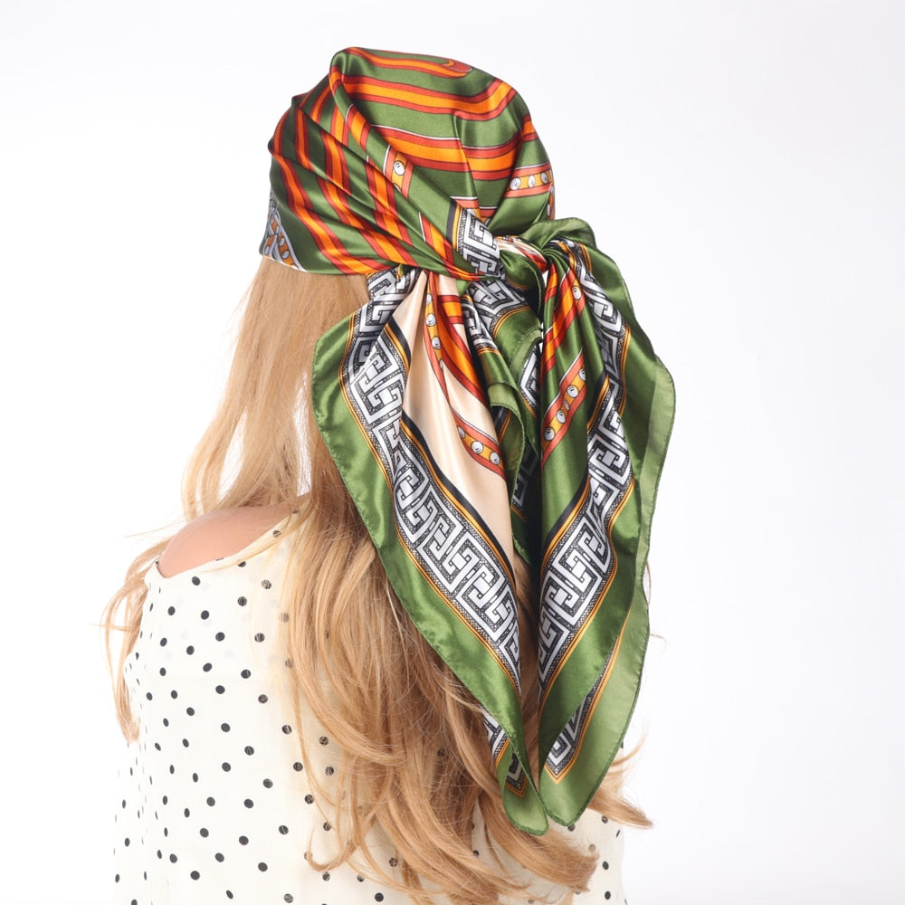 Silk Scarves Luxury Brand Spring Summer Women Head/Hair Scarf 90X90cm Fashion Hijab Bandana Cheveux Foulard Femme BK50-6 90X90CM