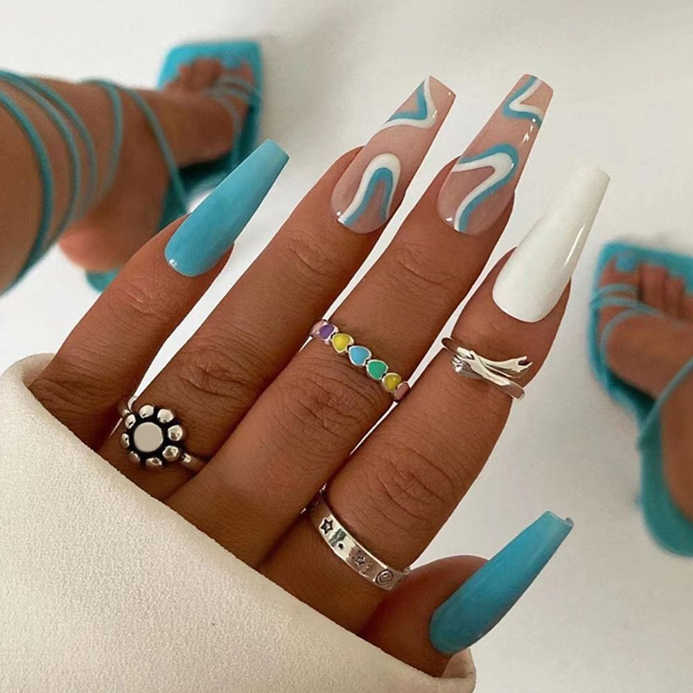 French Ballet False Nails With Gold Foil Glitter Designs Wearable Long Coffin Ballerina Press On Fake Nails Full Cover Nail Tips