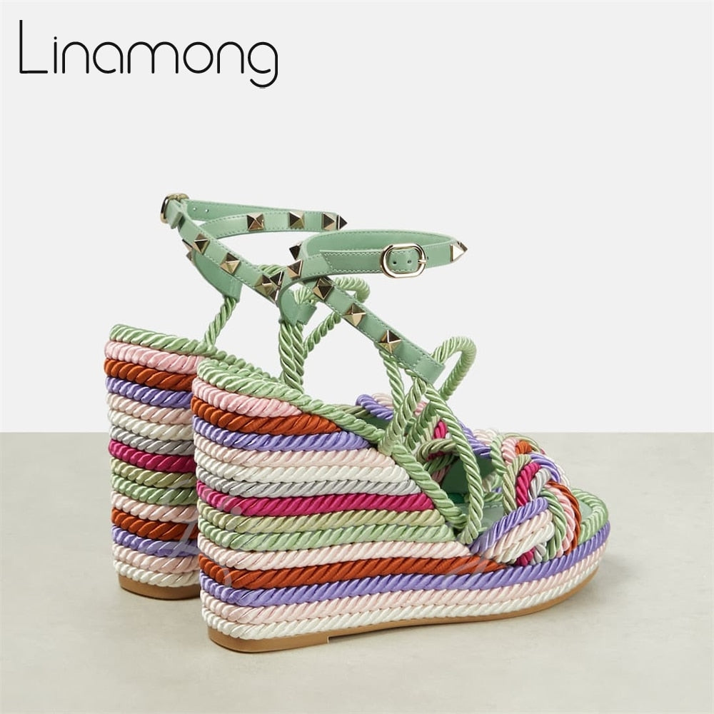 Multicolor Hemp Rope Rivet Espadrilles Strap Platform Wedge Summer Sandals for Women Designer Style Fashion Sandals New Arrival