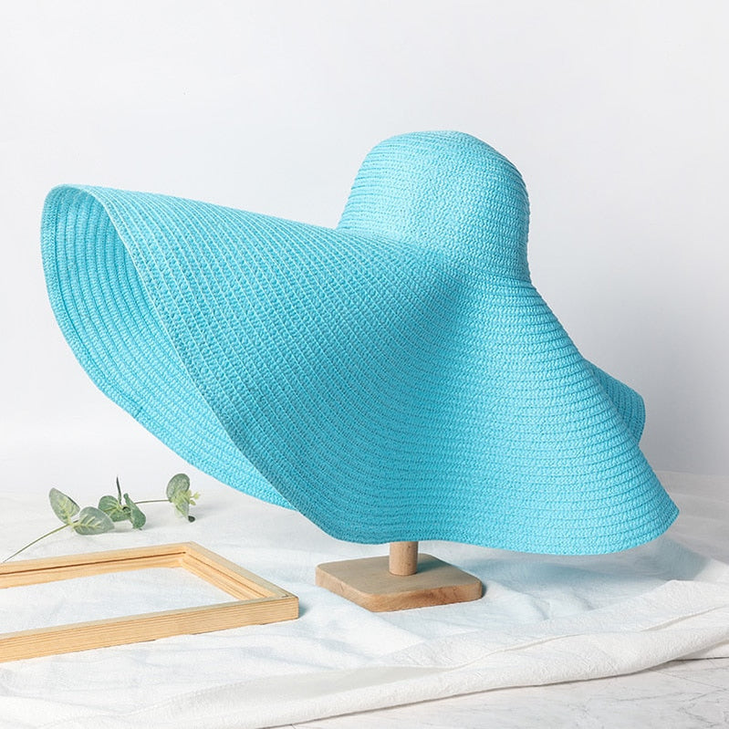 Summer 70cm Large Wide Brim Sun Hats For Women Oversized Beach Hat Foldable Travel Straw Hat Lady UV Protection Sun Shade Hat light blue 54-57cm