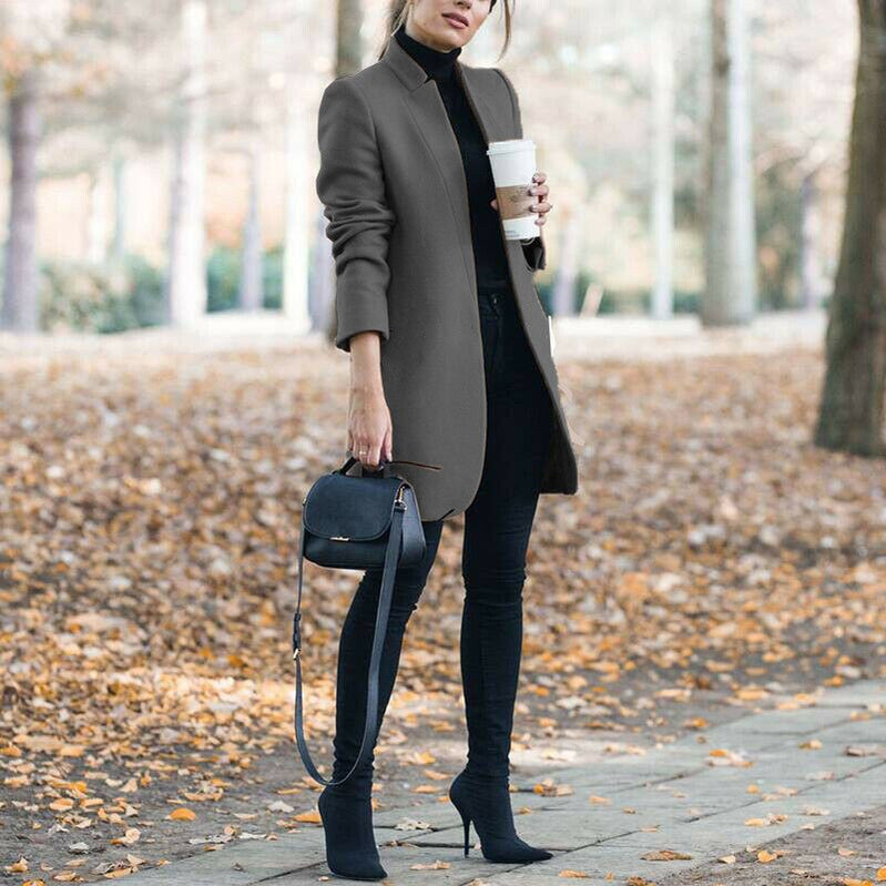 Autumn/Winter New European and American Fashion Solid Neck Woolen Coat Dark Grey