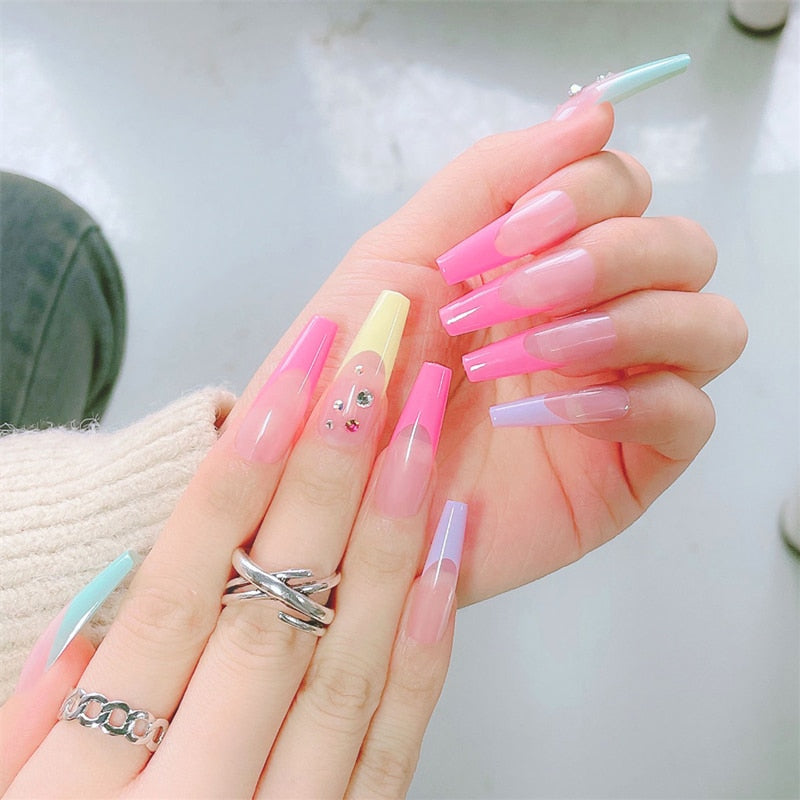 24Pcs/Box White French Fake Nails Press on Long XL Length Rhinestone Design False Nails Full Cover Acrylic Nail Tips