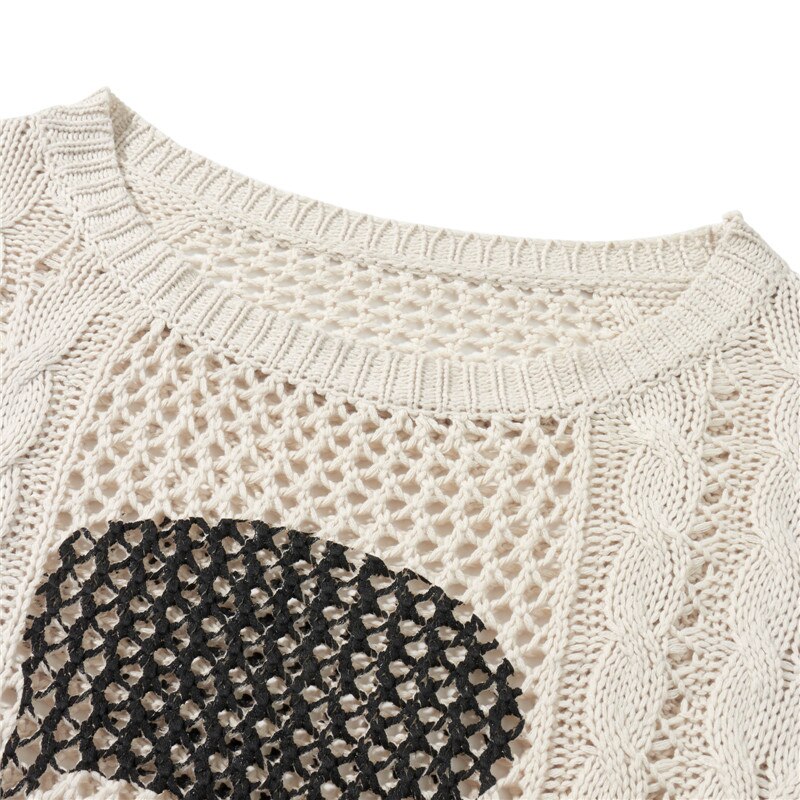 Women Skull Print Cable Knit Sweater Halloween Clorthes Gothic Hollow Out Long Sleeve Round Neck Loose Jumper Tops Fall Knitwear