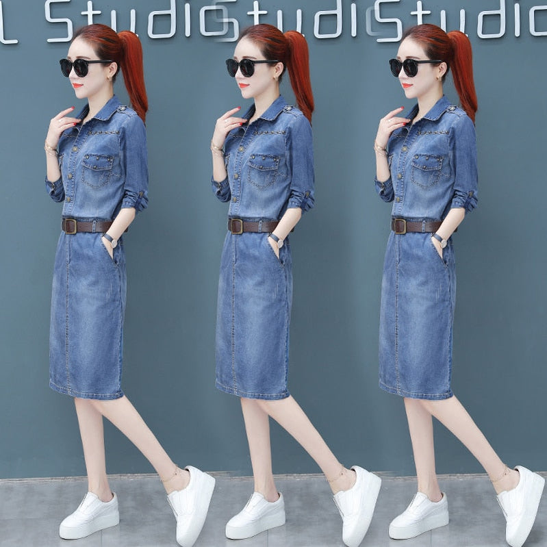 spring and fall Denim blue Rivet Knee-Length party dress women omighty shirt bodycon club dress