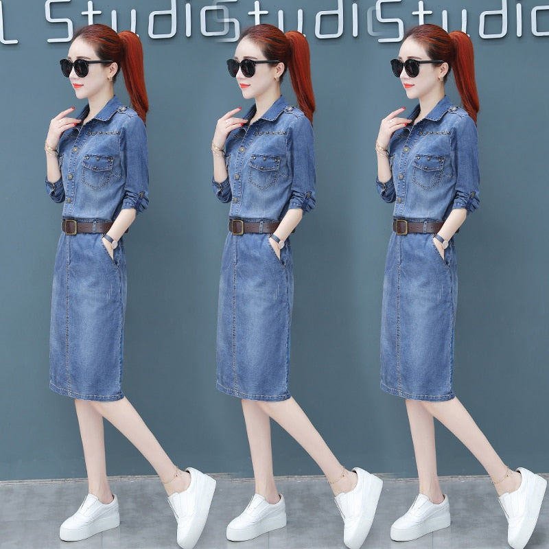 spring and fall Denim blue Rivet Knee-Length party dress women omighty shirt bodycon club dress