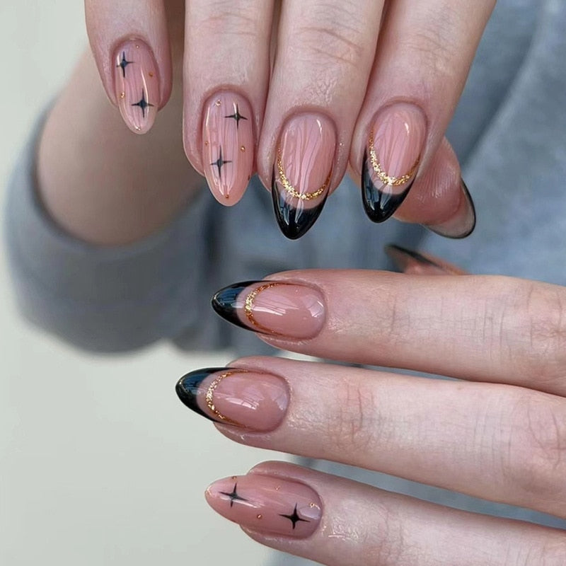 Short Almond Y2k Nails Press On Nail With Black Pentacle Star Designs 24pcs White French False Nails Rhinestone Fake Nail Tips
