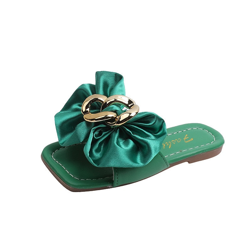 Girls Satin Bow Kids Versatile Slippers 2023 Summer New Green Simple Korean Kids Fashion Flat-bottomed Flip-flops Beach Shoes