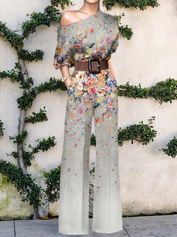 Print Jumpsuit Women Autumn and Spring New Fashion Long Sleeve Lapel Loose Casual Elegance Green Jumpsuits Print 2 (No Belt)