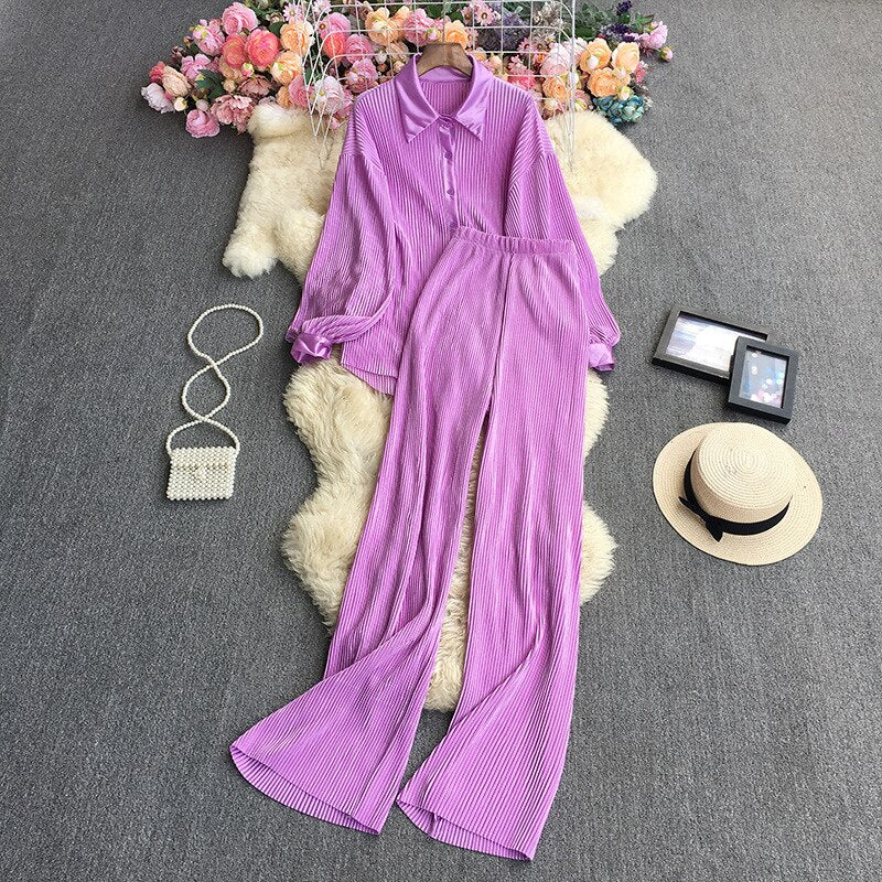 Casual Women Elegant Pleated Two Piece Set Long Sleeve Shirt And Wide Leg Pant Suits Loose Office Lady Outfits Autumn