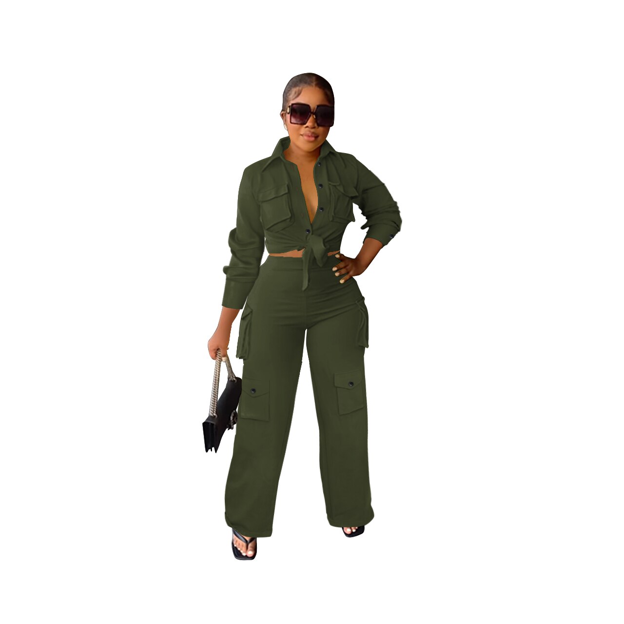 Autumn Winter Casual Solid Color Long Sleeve Shirt Pants Tooling Multiple Pockets Wide Leg High wWaisted Knit Women Set
