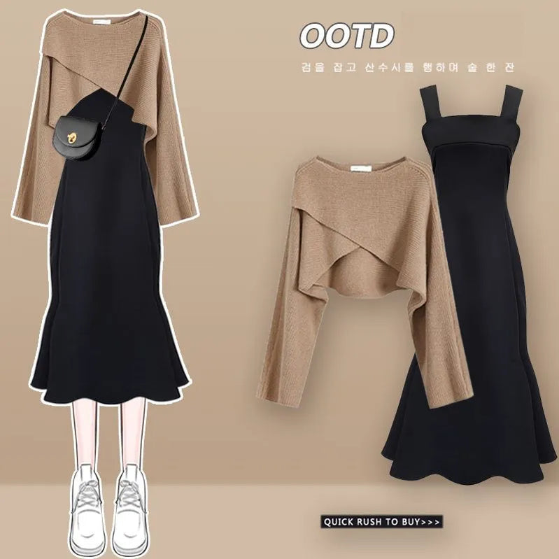 Autumn Winter Fashion Short Knitting Sweater+suspender Dress Two-piece Korean Elegant Bow Cardigan Sexy Fishtail Skirt Set Set 03