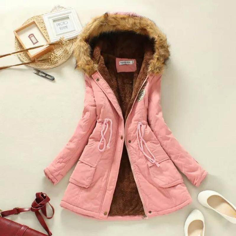 Women Autumn Winter Cotton Jacket Slim Warm Wadded Hooded Parkas Casual Mid Coats Emboridery Female Thick Outwear Overcoat