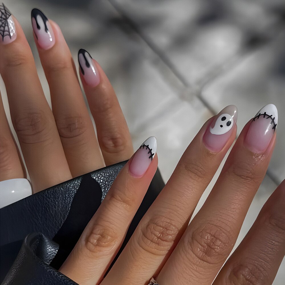 New Halloween Fake Nails Patch Black Almond/Coffin Head Artificial Nail Tips Pumpkin Spider Ghost Printed Press on Nail for Girl Spain Z11